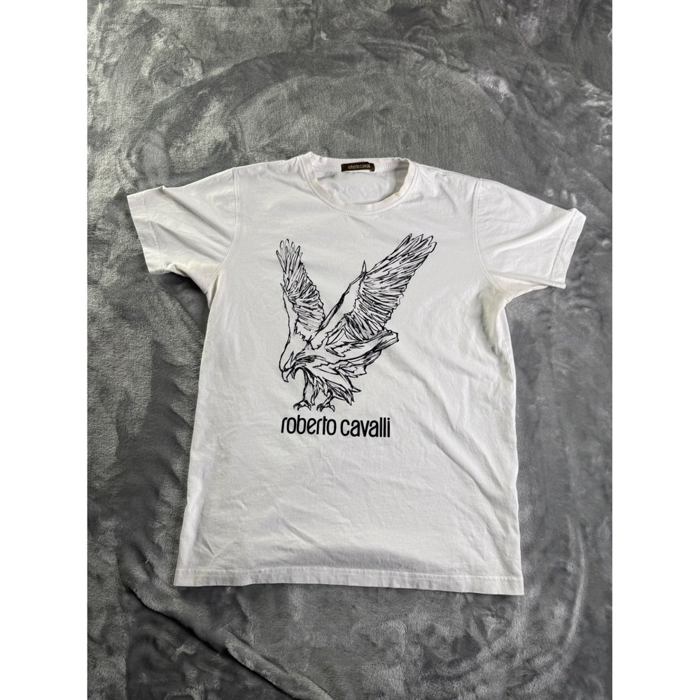 Roberto Cavalli Men White Eagle Graphic T-Shirt Crew Neck Short Sleeve Size L